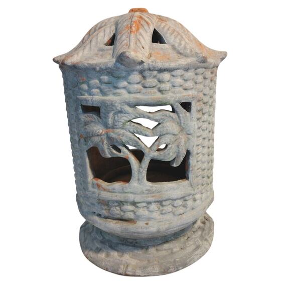 Tealight Party 7" Candle Holder Tropical Palm Asian Island Terracotta Pottery - Picture 1 of 12